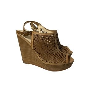 Coach Jaklyn Heels Brown Perforated Leather Wedge Platform Slingback Sandal 5.5